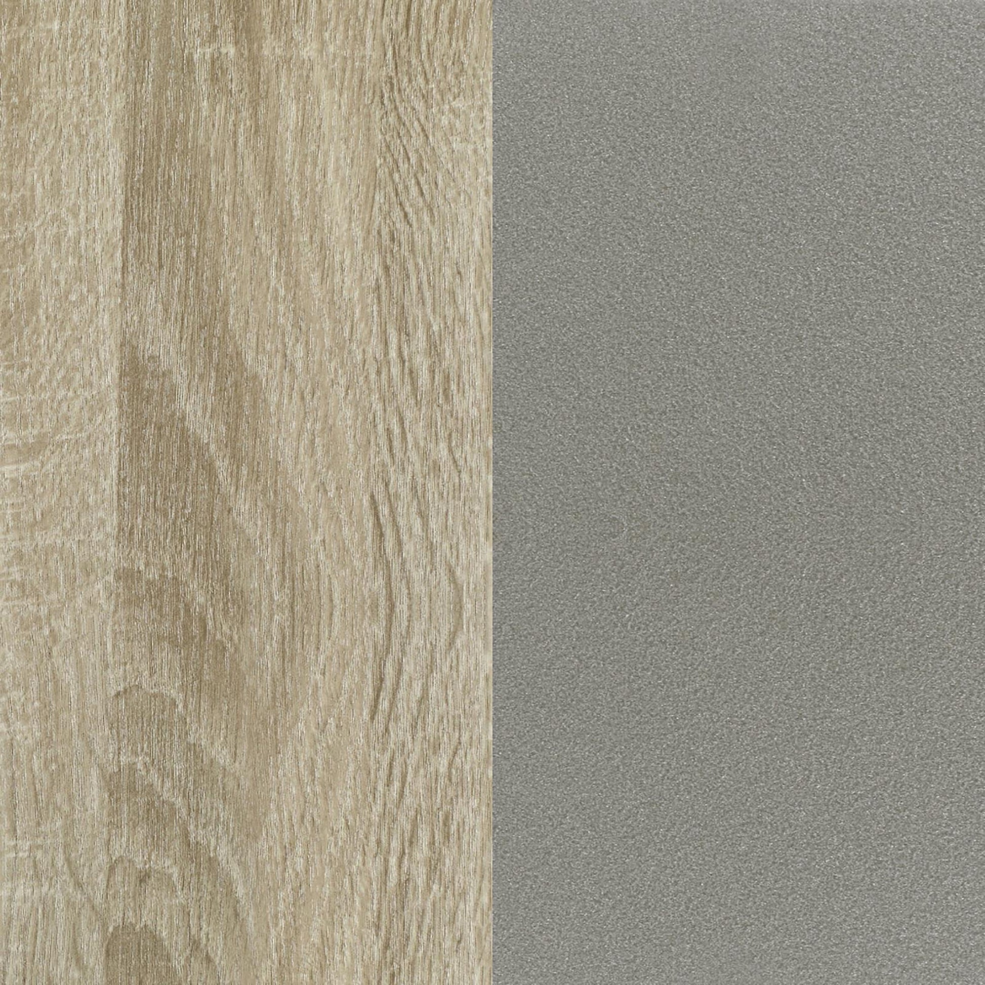 Light wood grain texture swatch next to a matte grey sample