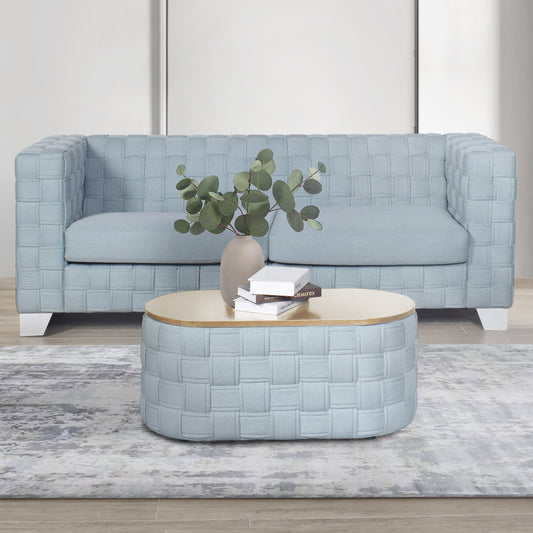 Pale blue woven fabric armchair with a textured finish and a modern design