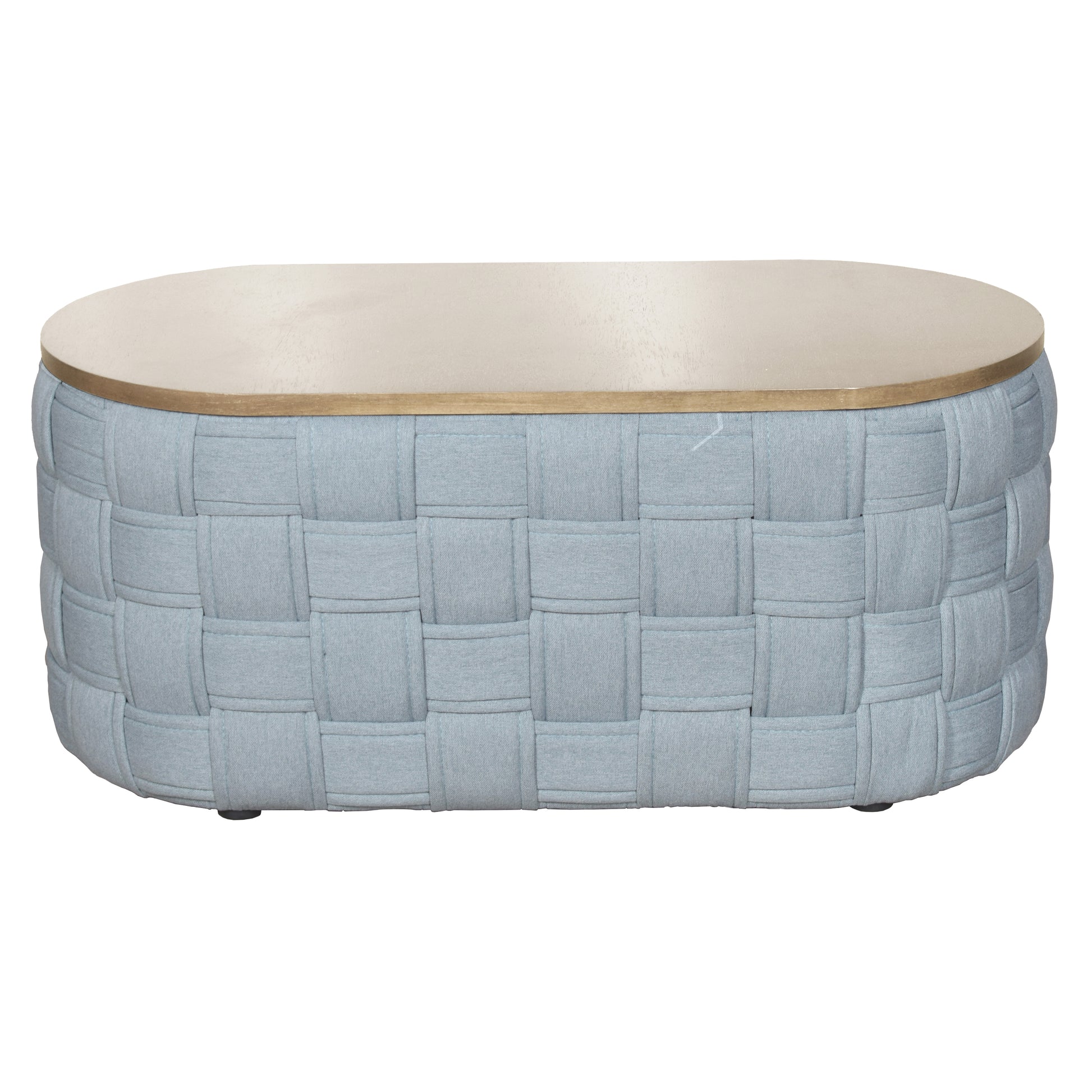 Oval woven light blue upholstered ottoman with a light wood top and brass trim
