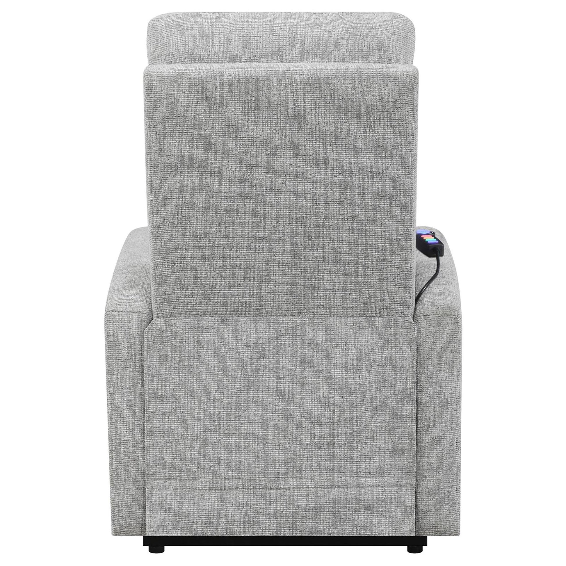 Grey fabric power recliner with integrated USB charging port and adjustable headrest