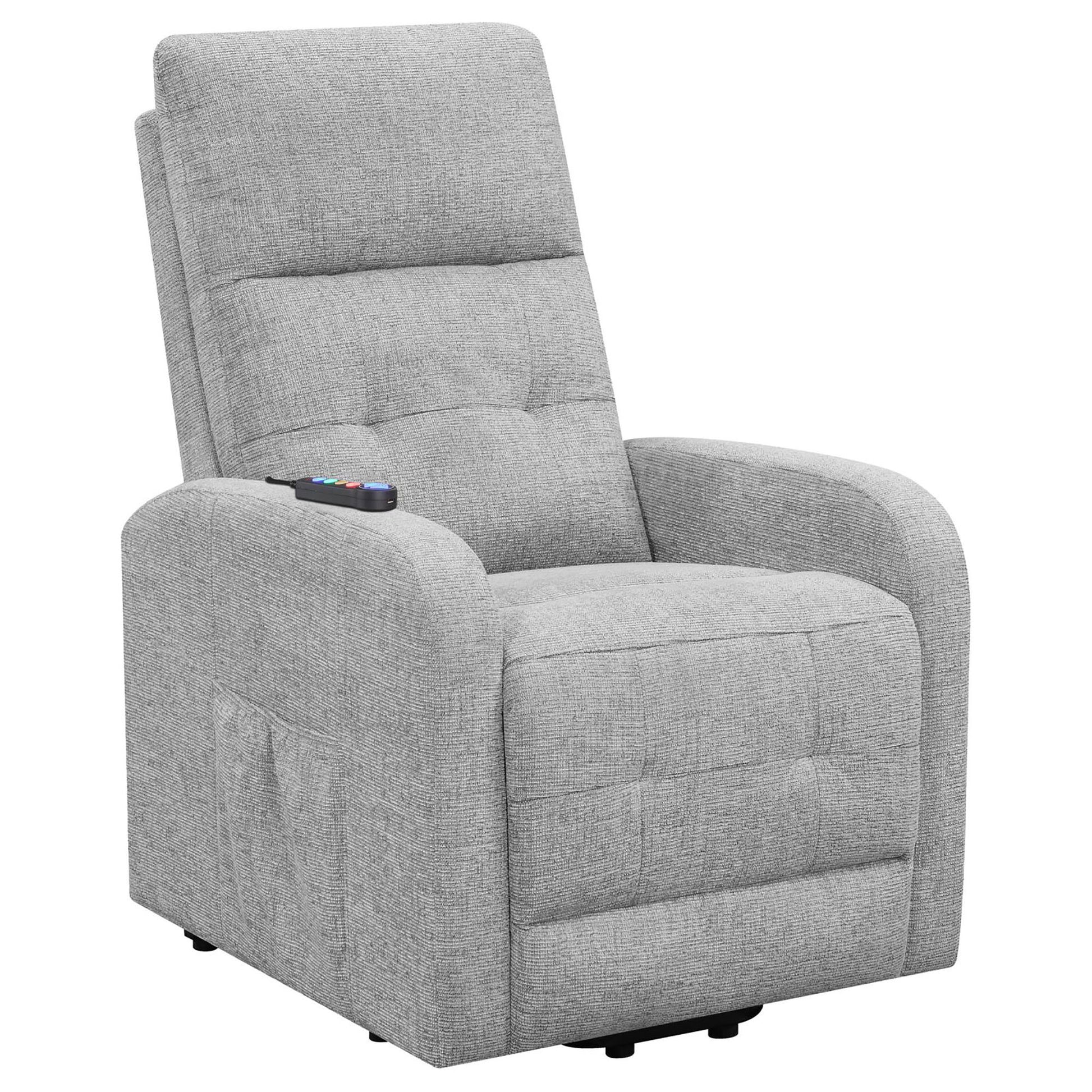 Light grey fabric power recliner with tufted back and side pocket
