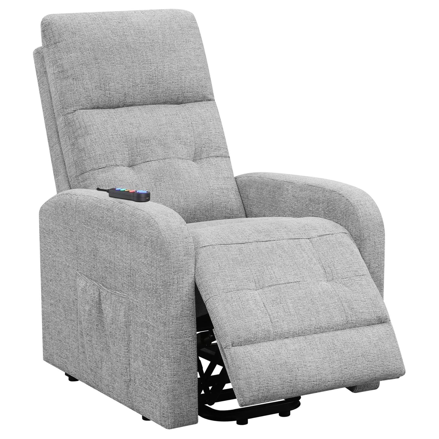 Gray fabric power lift recliner with side pocket and remote control