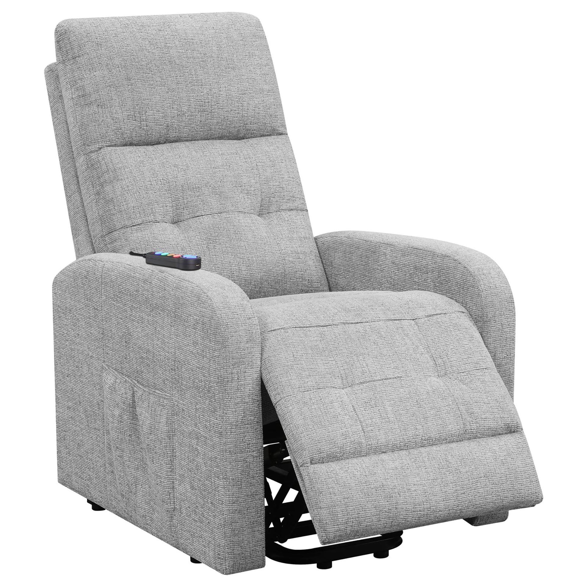 Gray fabric power lift recliner with side pocket and remote control