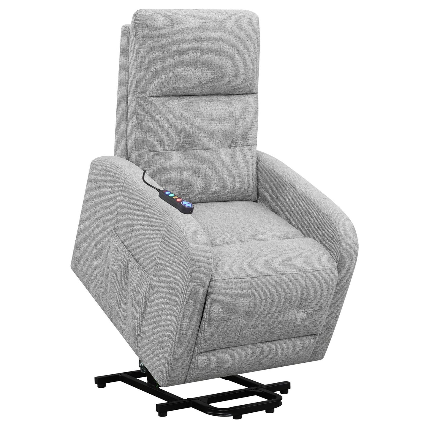 Grey fabric power lift recliner with tufted back and remote control