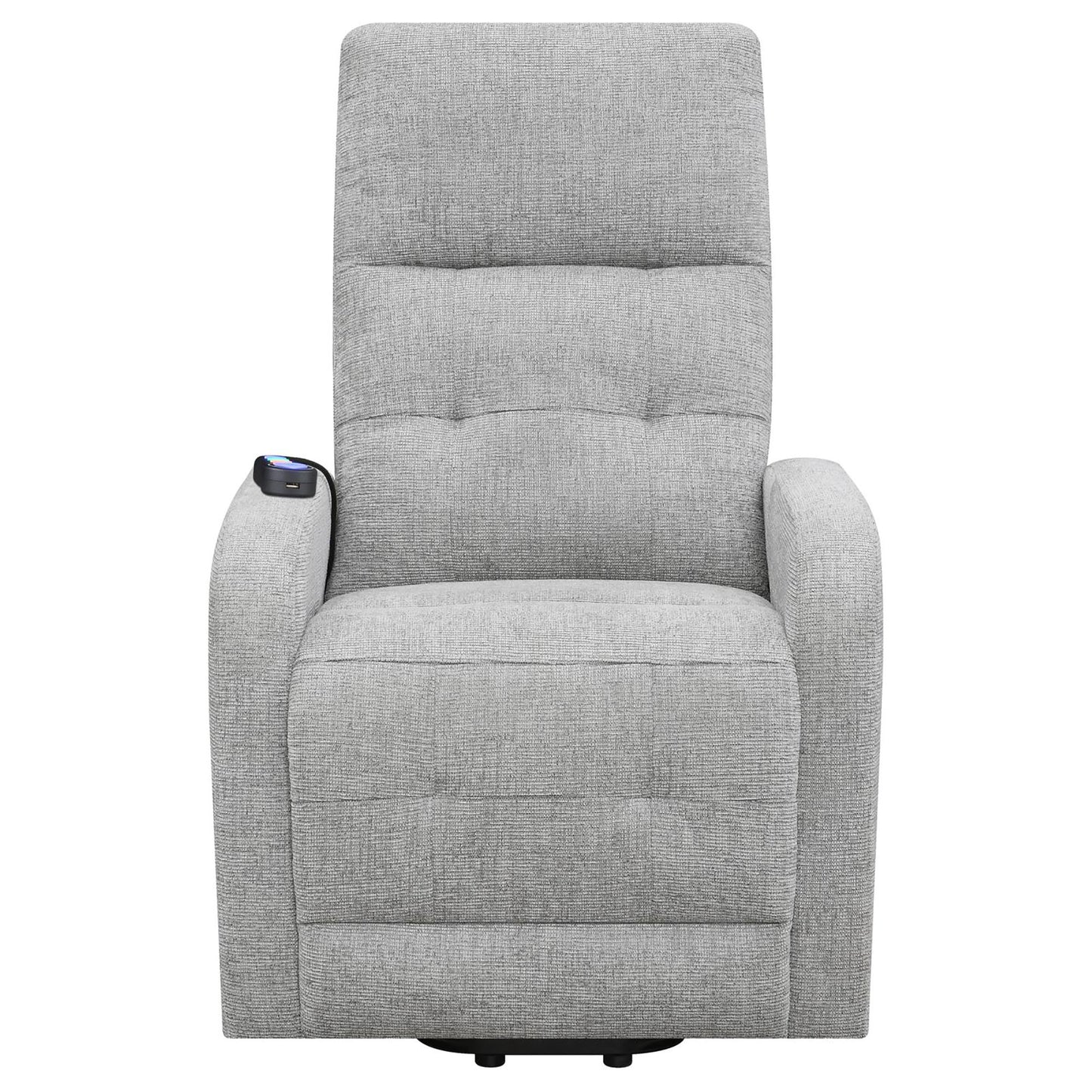 Gray fabric power recliner with integrated USB charging port and adjustable headrest for ultimate comfort