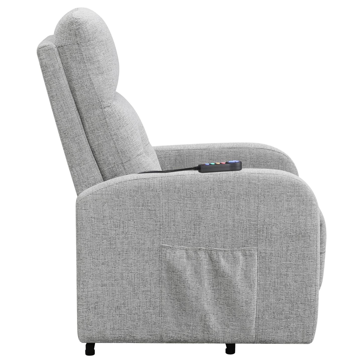 Gray fabric recliner with side pocket and remote control