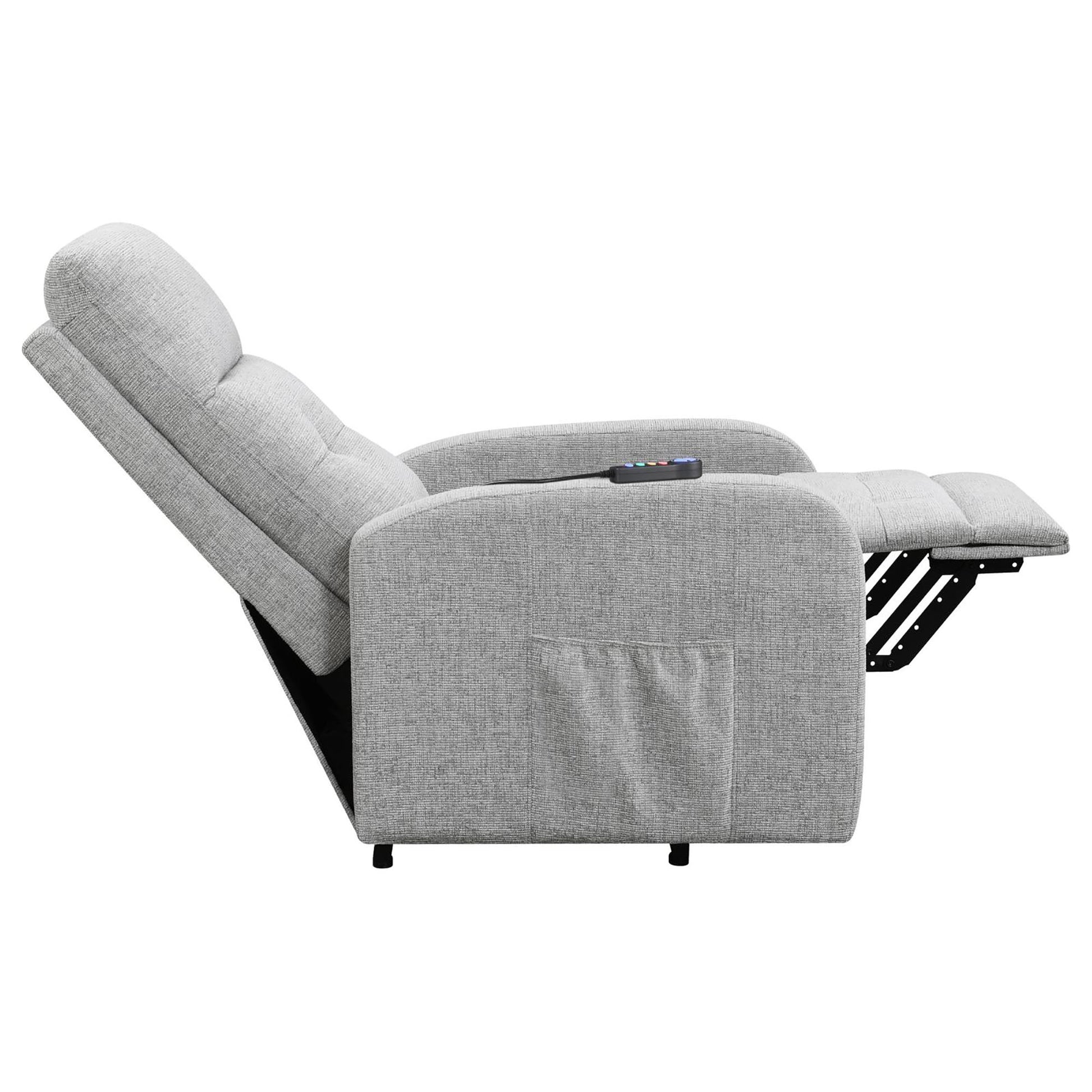 Gray fabric recliner chair with extended footrest and remote control