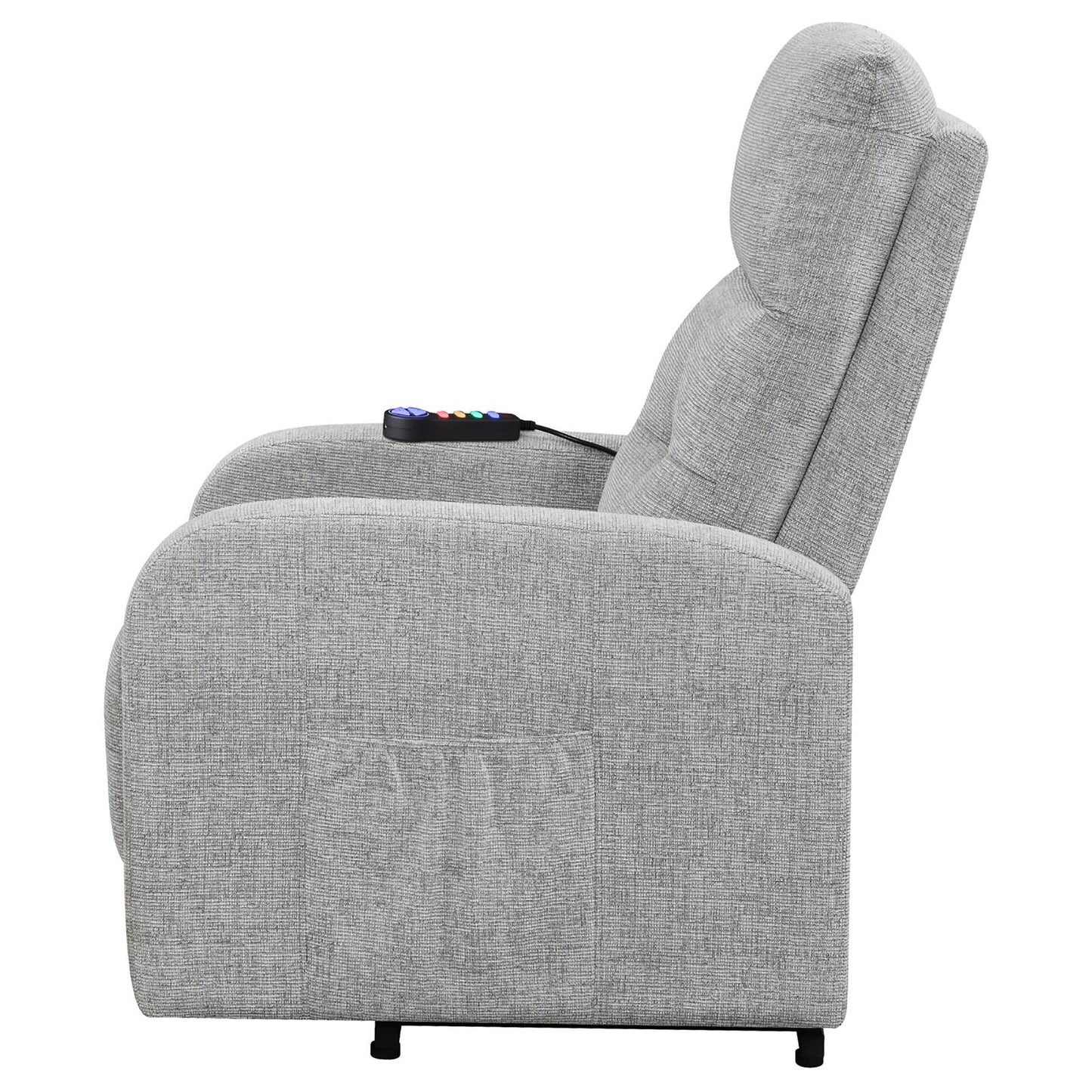 Gray fabric power recliner with a multibutton remote on the armrest for easy operation