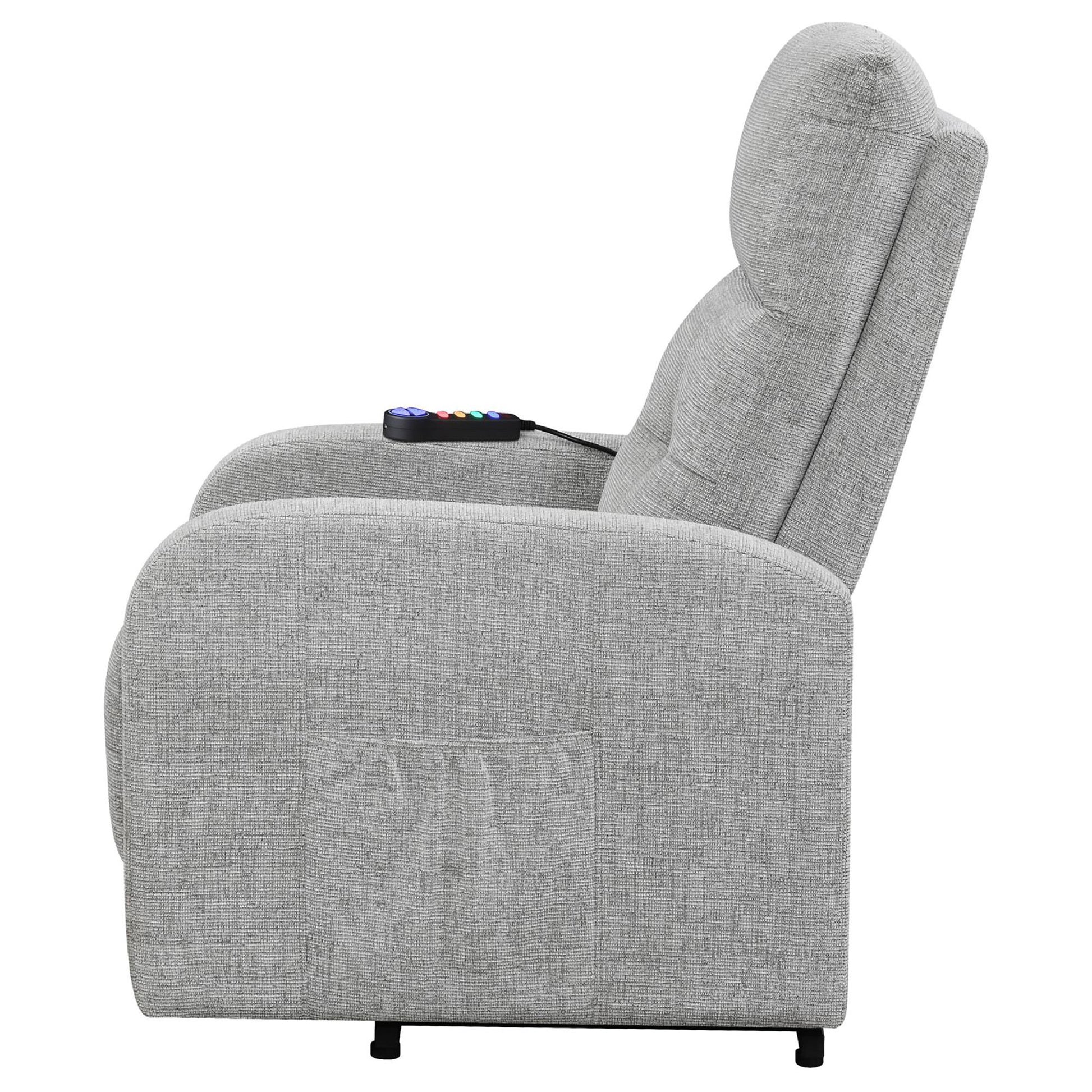 Gray fabric power recliner with a multibutton remote on the armrest for easy operation