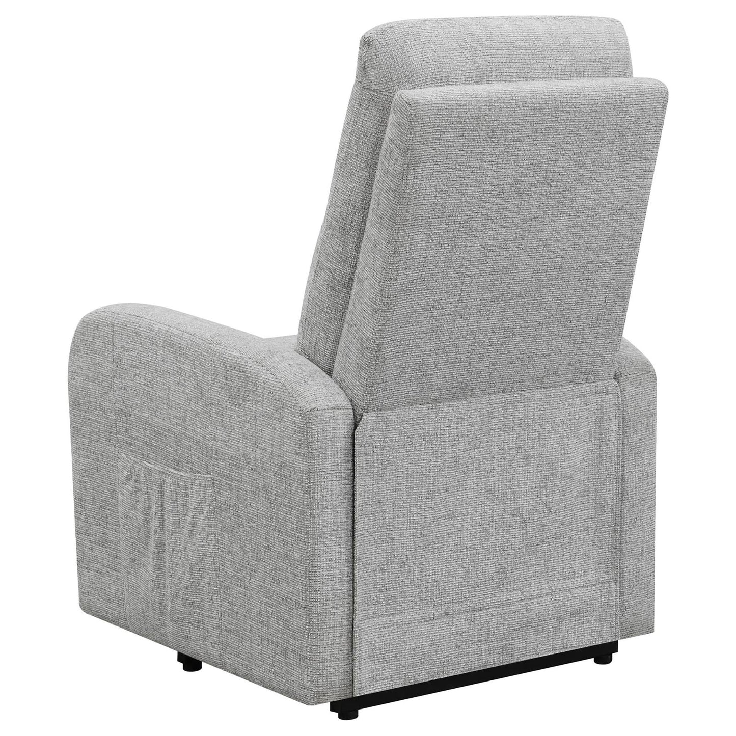 Back view of a light gray fabric recliner chair with a side pocket