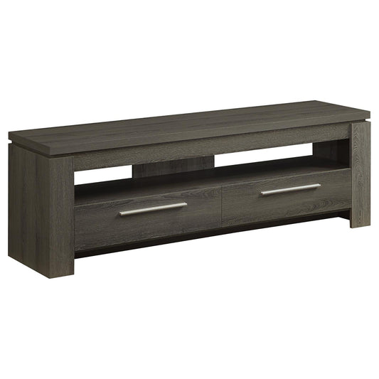 Dark gray wood TV stand with two drawers and open shelving