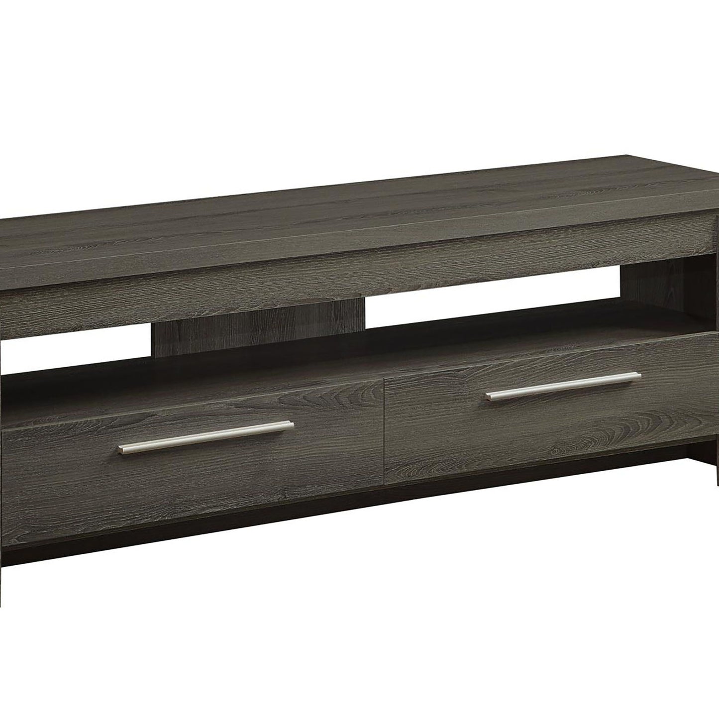 Dark gray wood grain tv stand with two drawers and an open shelf
