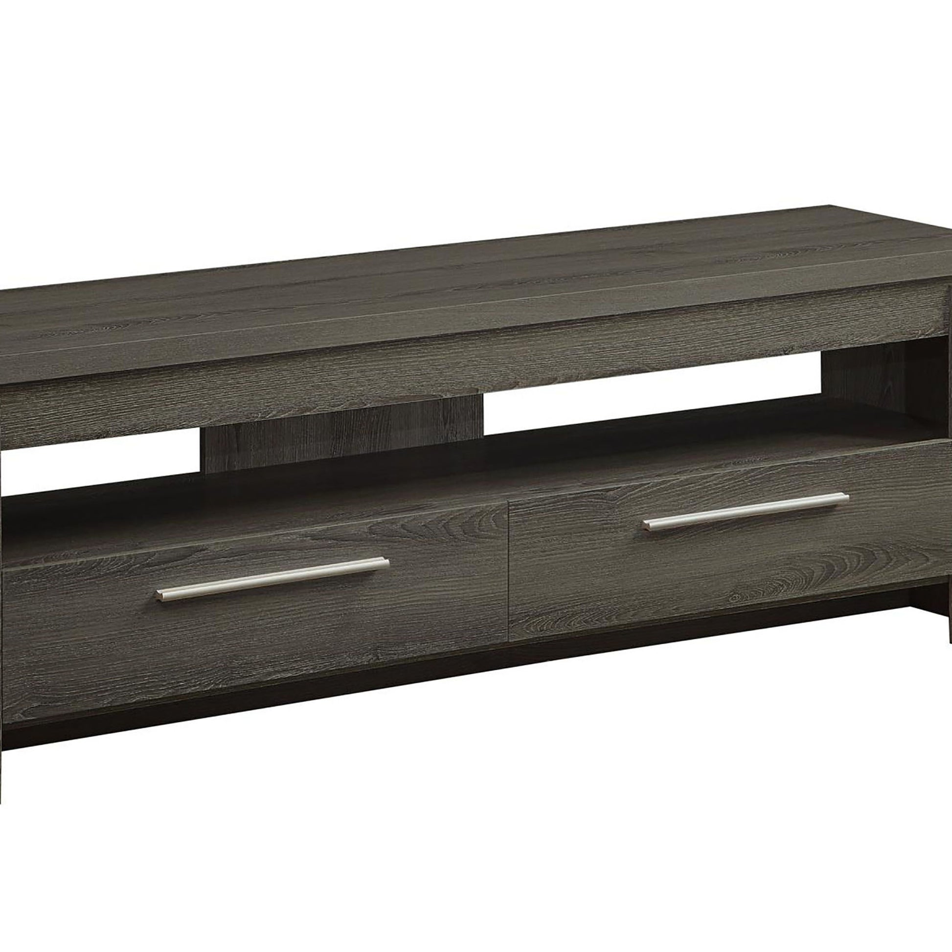Dark gray wood grain tv stand with two drawers and an open shelf