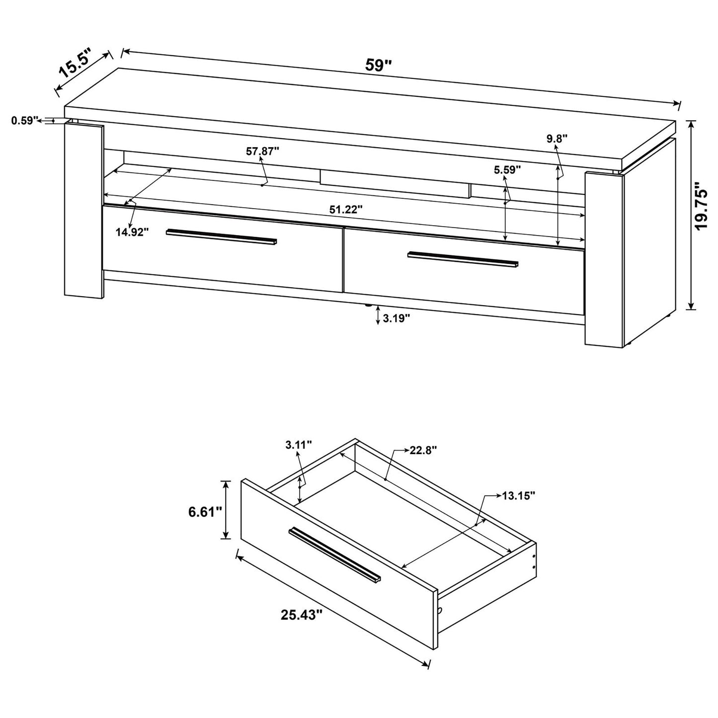 Diagram of a inch modern TV stand with two drawers and dimensions