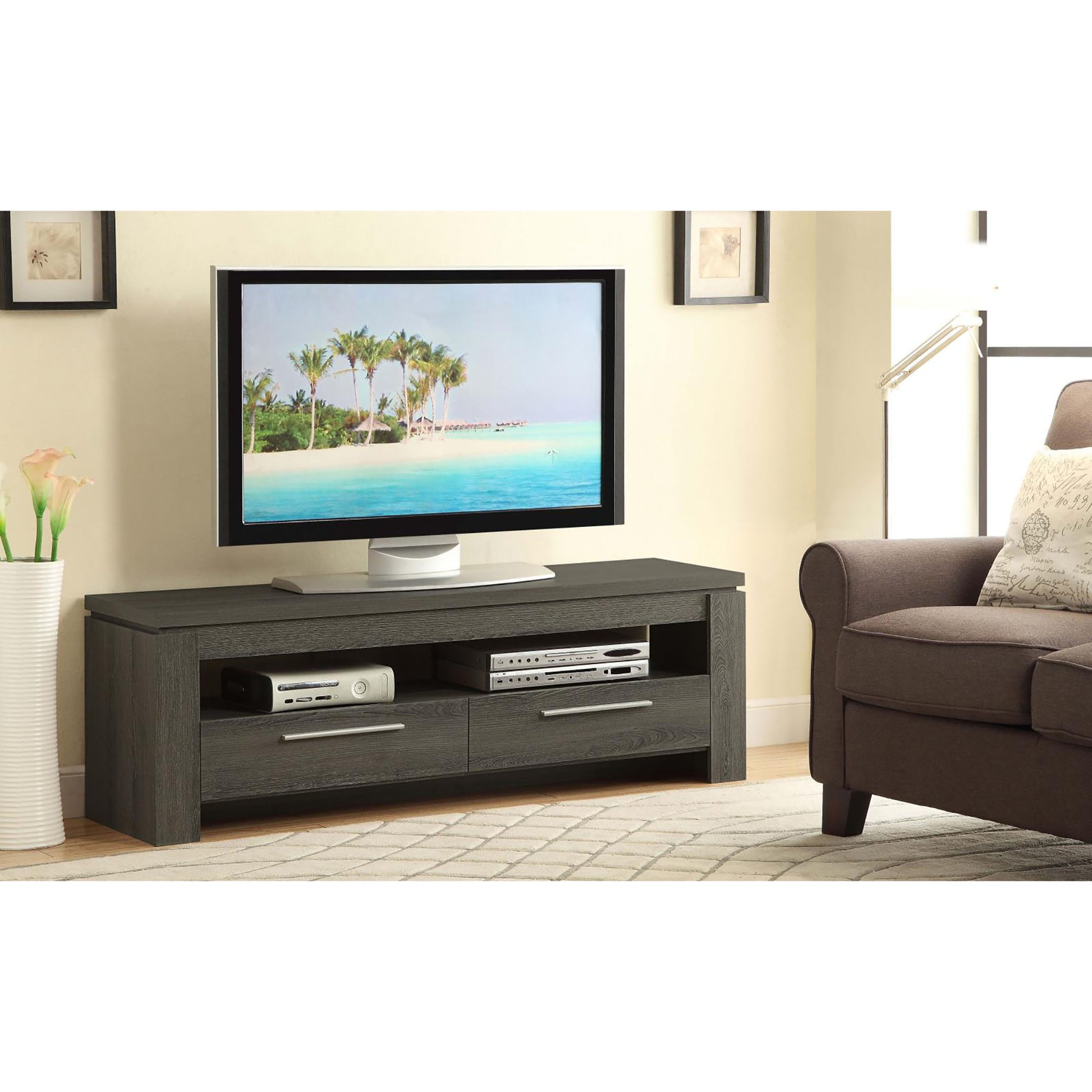 Gray wood TV stand with two drawers and open shelves