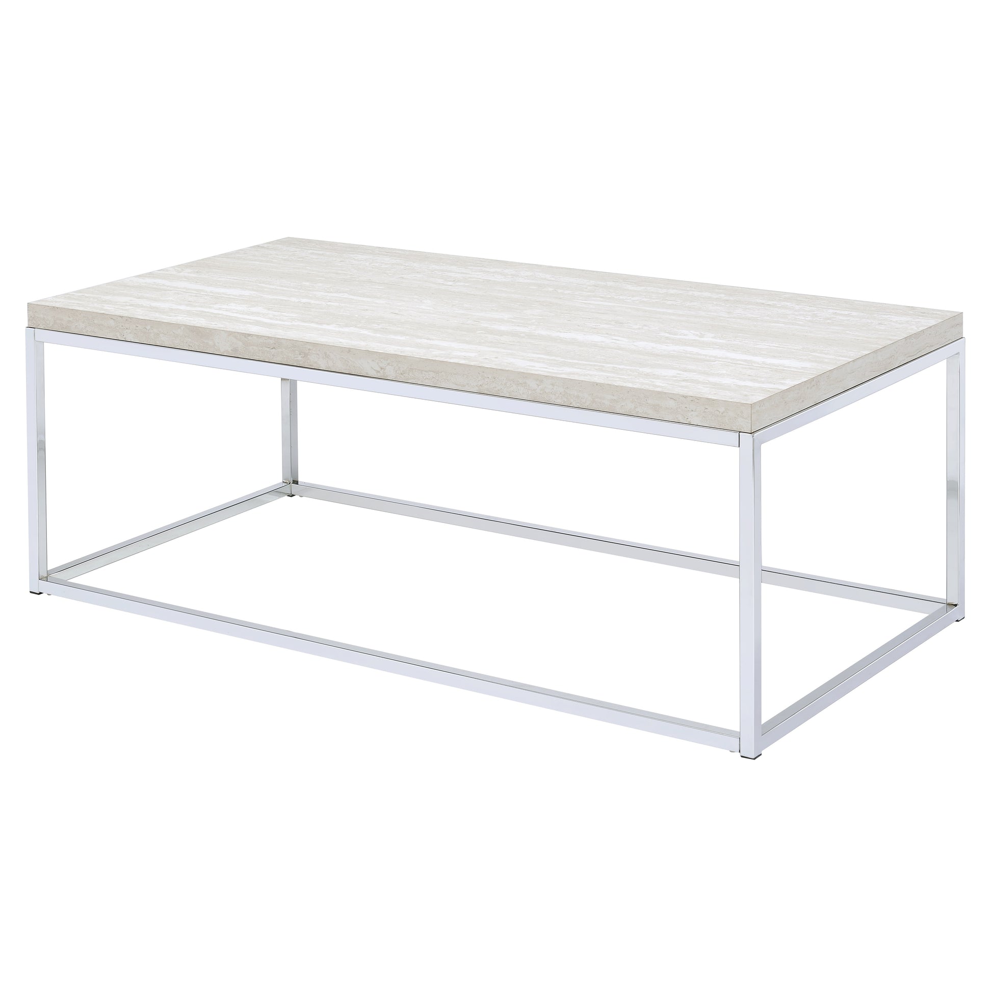 Rectangular travertine coffee table with polished chrome metal frame modern design