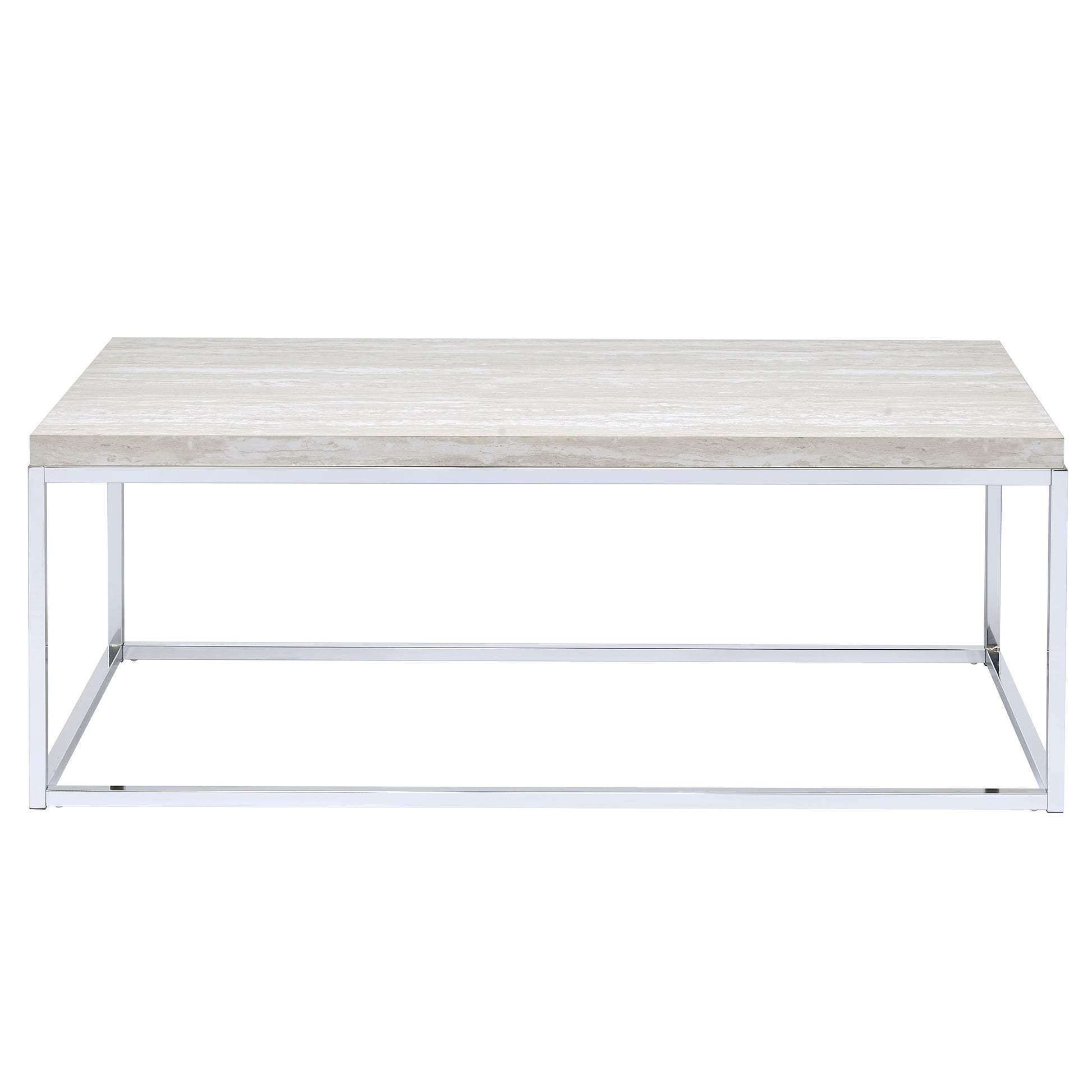Rectangular coffee table with a light beige travertine stone top and polished chrome metal frame