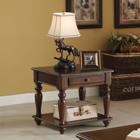 Ornate dark wood end table with drawer and decorative horse lamp