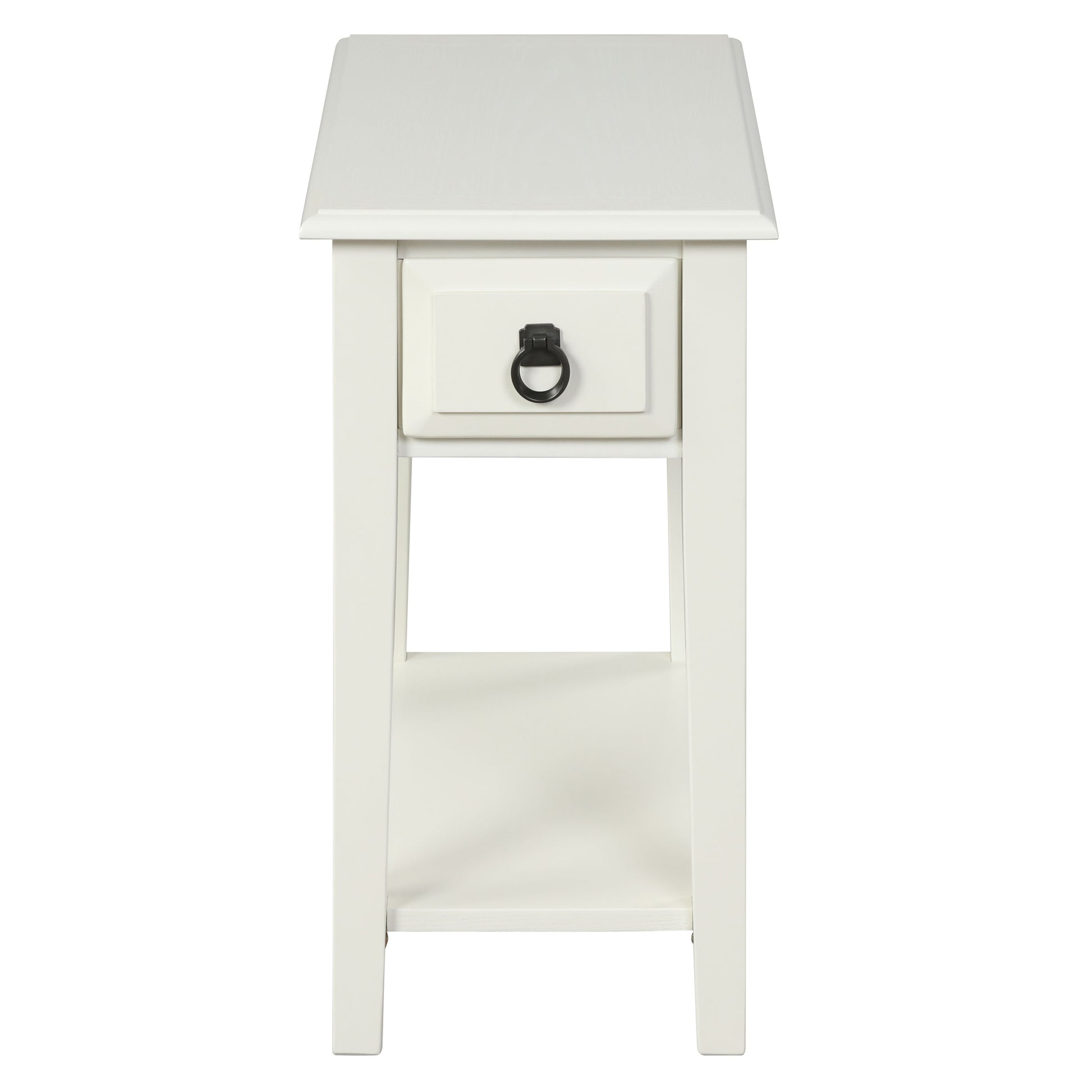 White wooden side table with one drawer and open shelf for storage
