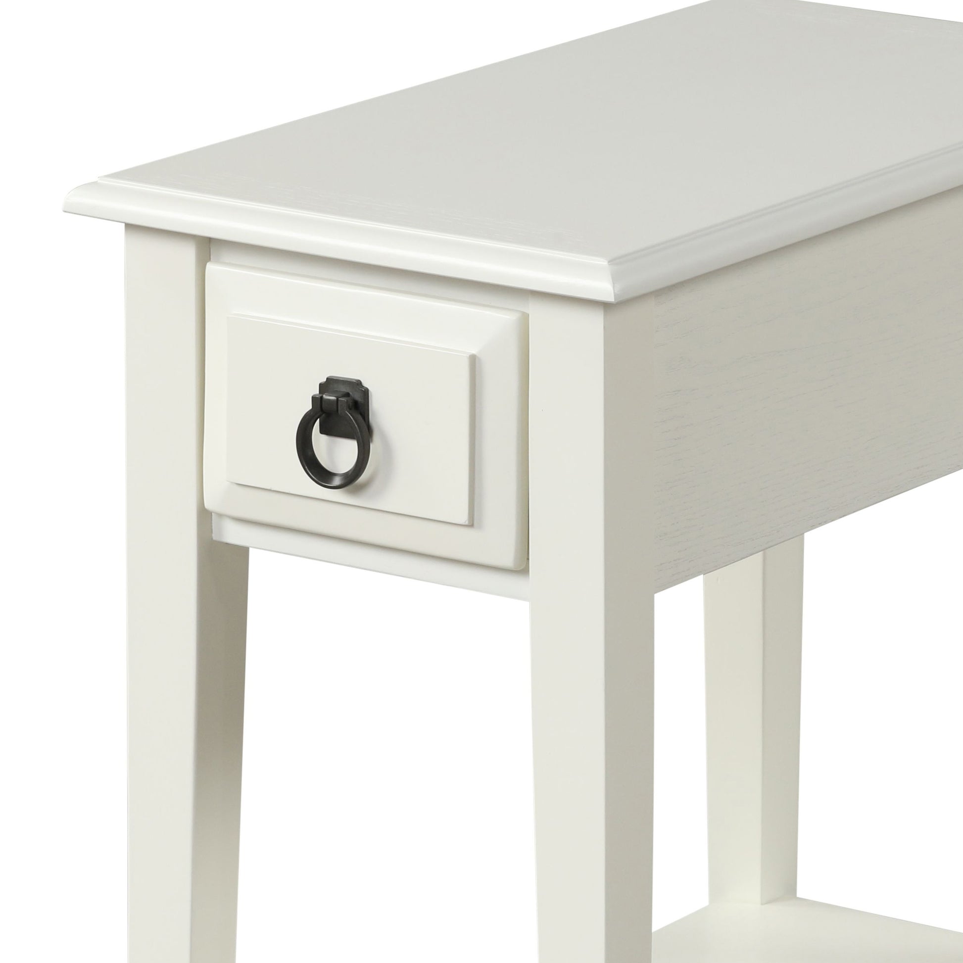 White accent table with single drawer and black ring pull