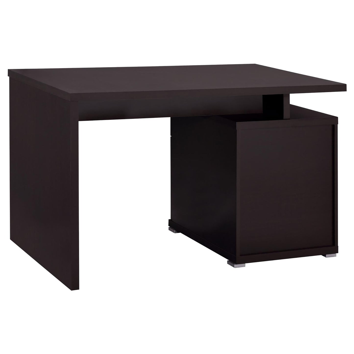 Dark brown modern desk with integrated storage cube and sleek silver feet