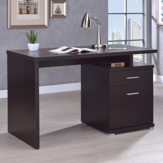 Espresso modern writing desk with a twodrawer filing cabinet and silver handles