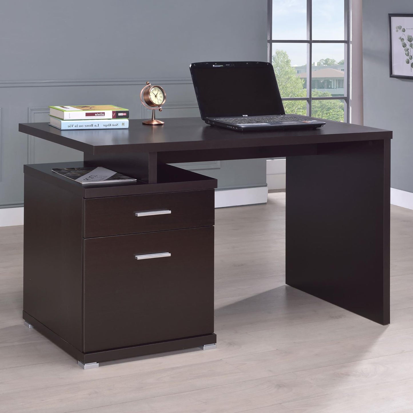 Dark brown modern desk with two drawers and integrated laptop workspace