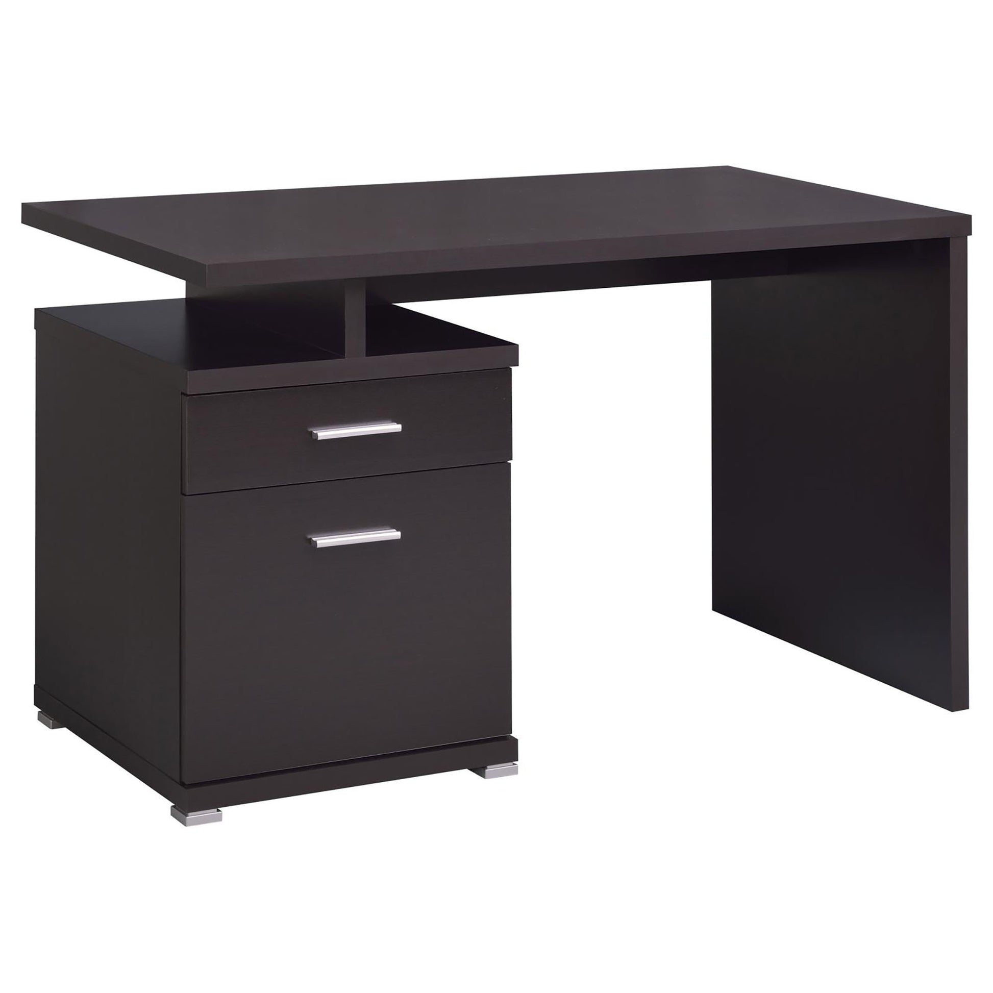Modern dark brown writing desk with two drawers and open shelving for a home office setup