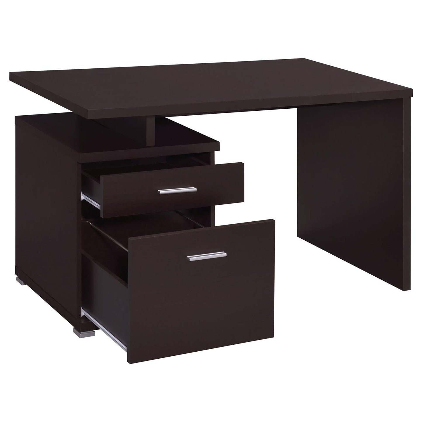 Dark brown modern desk with open drawers and silver handles for home office