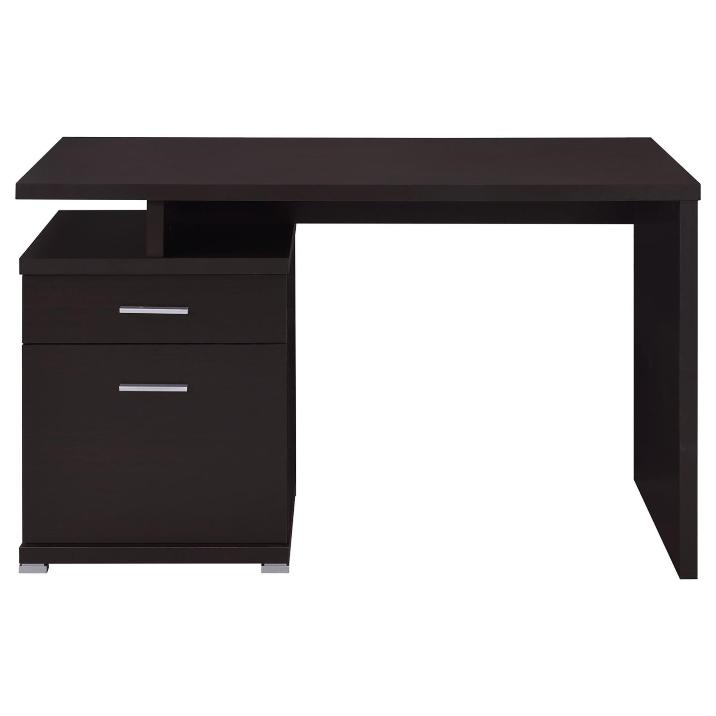 Dark brown modern writing desk with two drawers and open shelf space