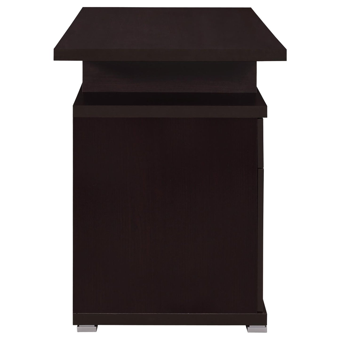 Dark brown modern desk with open shelf and single drawer featuring clean lines and metal feet