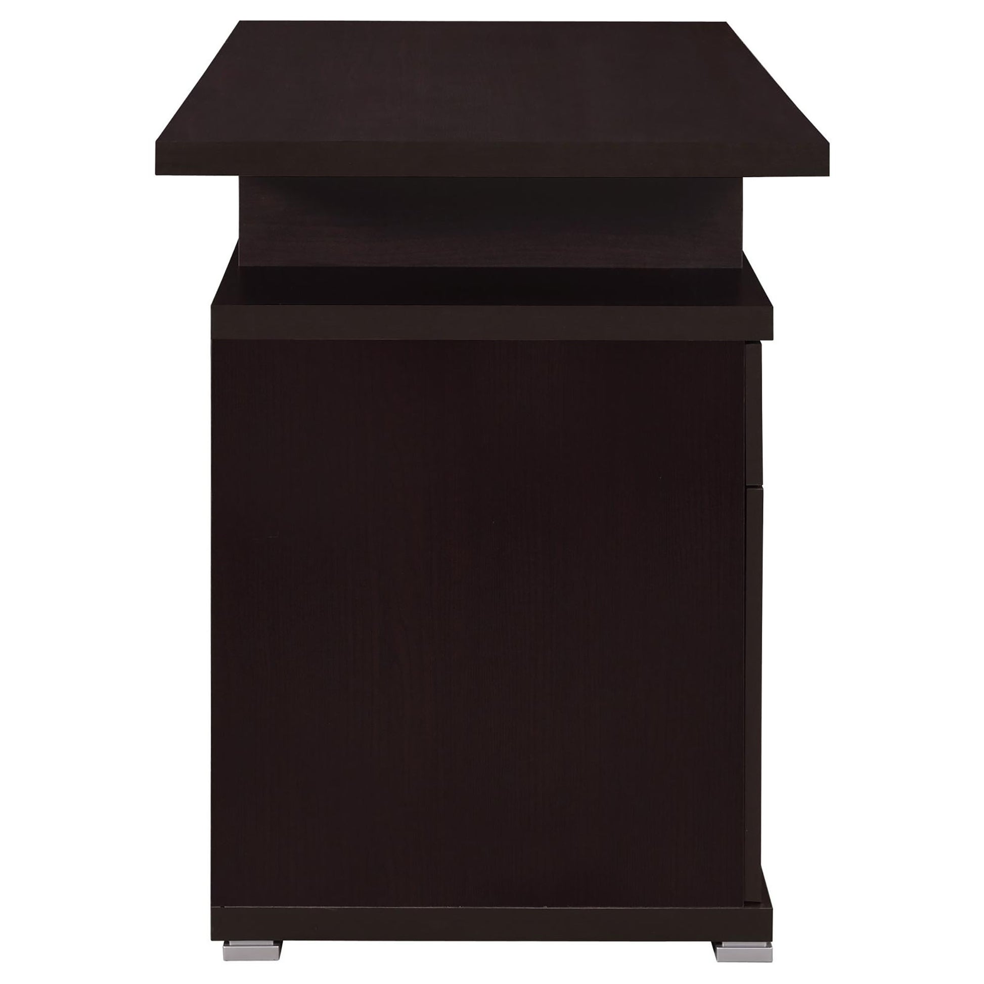 Dark brown modern desk with open shelf and single drawer featuring clean lines and metal feet