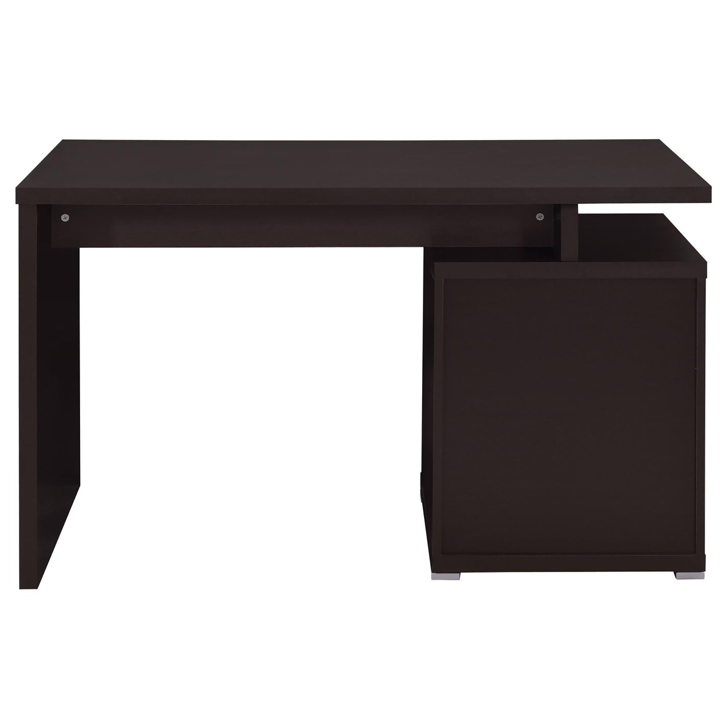 Dark brown modern computer desk with Lshaped design and integrated drawer unit