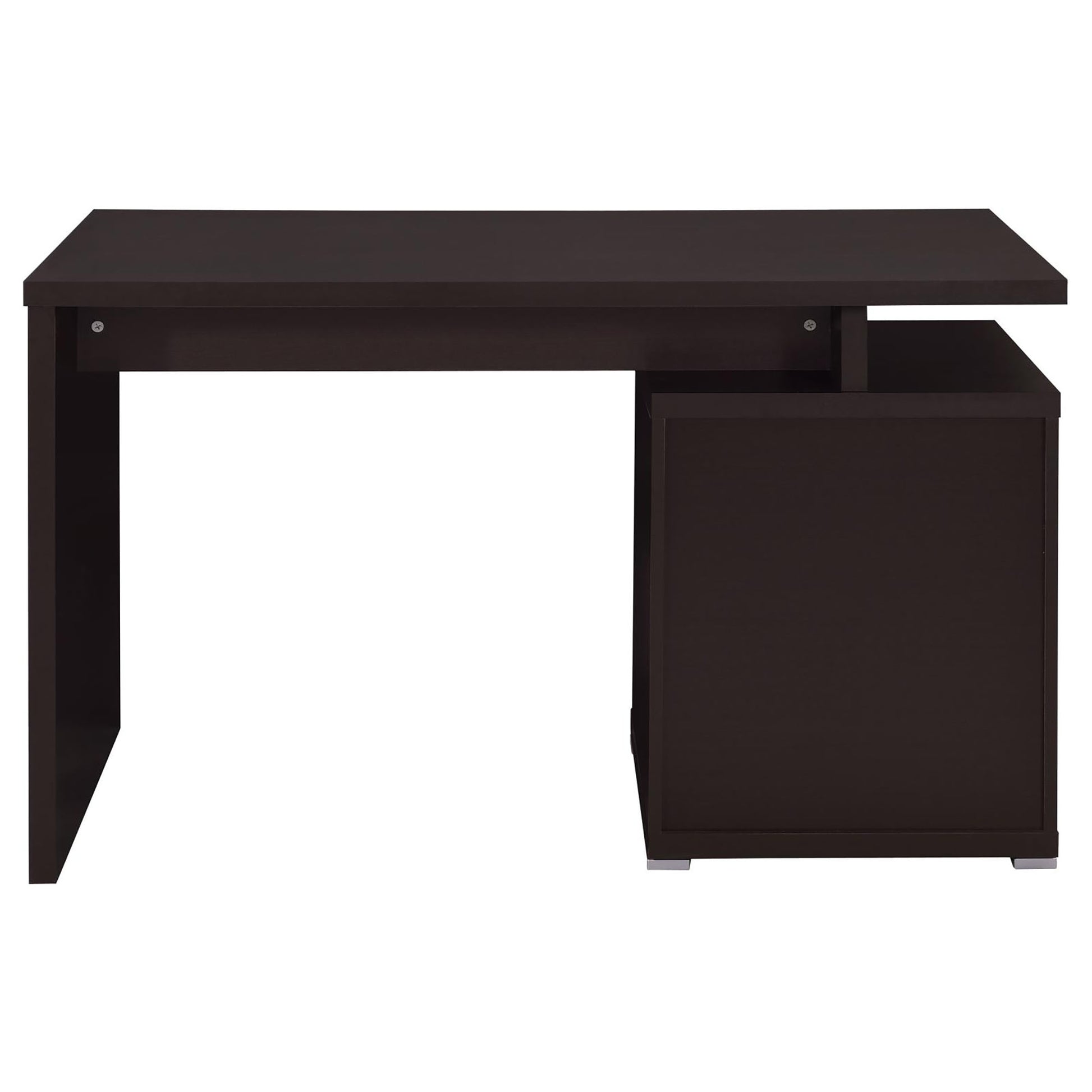 Dark brown modern computer desk with Lshaped design and integrated drawer unit