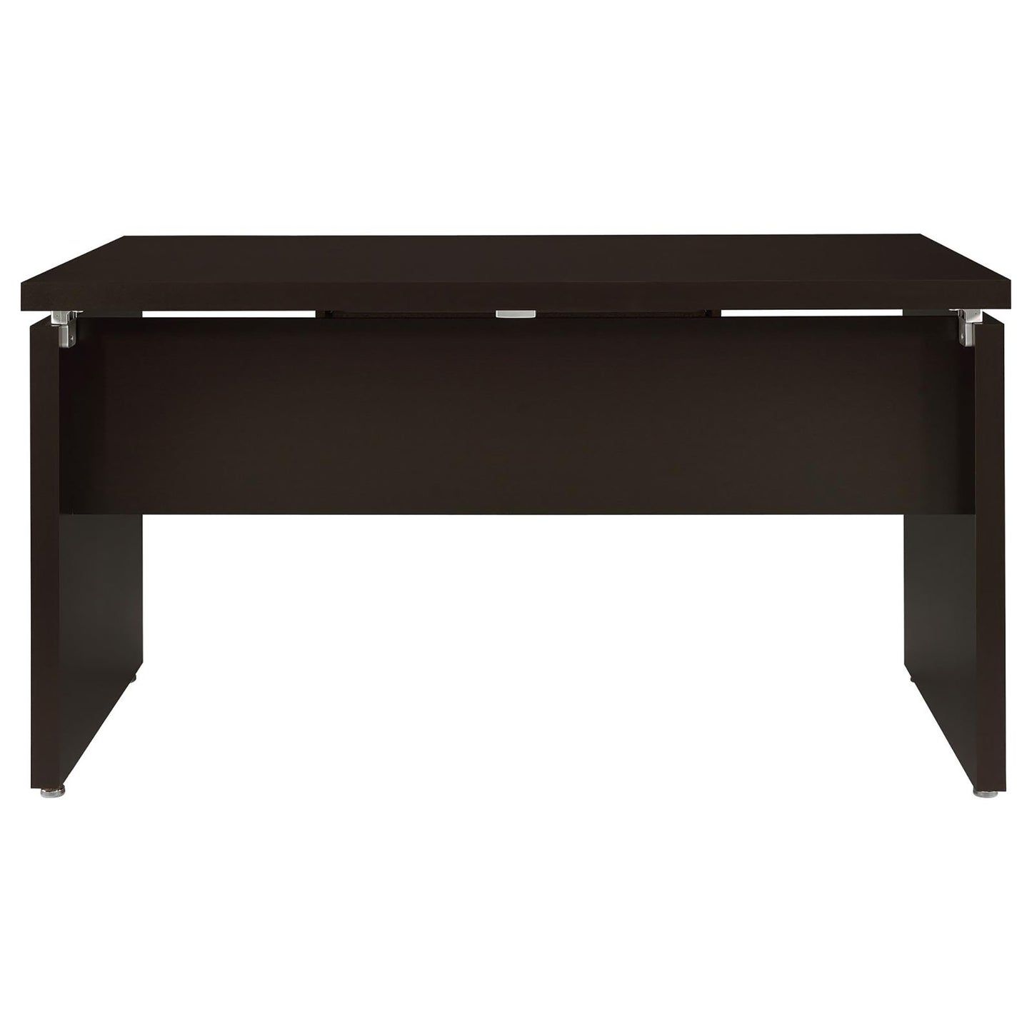 Dark brown modern desk with sleek metal legs and a minimalist design