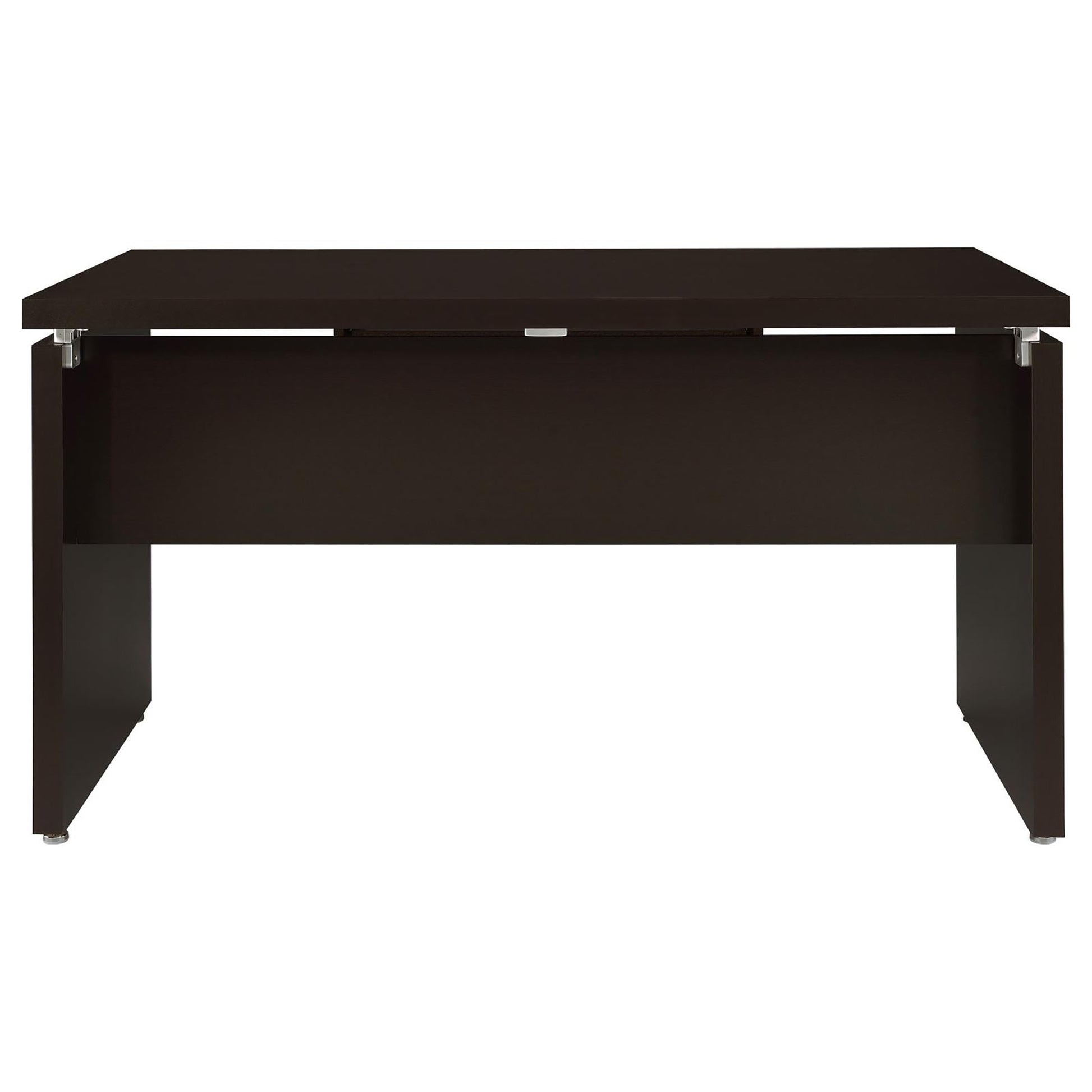 Dark brown modern desk with sleek metal legs and a minimalist design