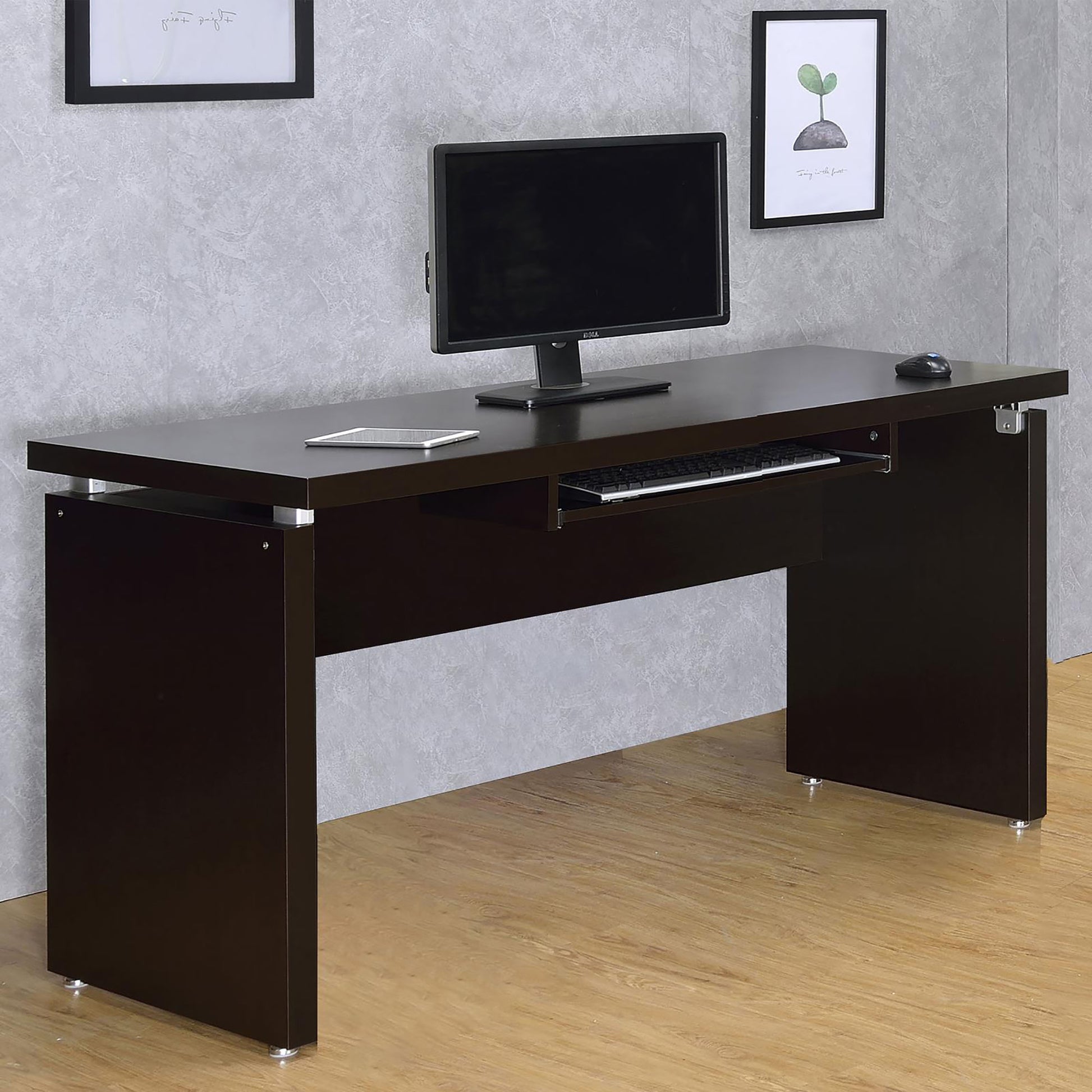 Sleek dark brown computer desk with integrated keyboard tray and minimalist design