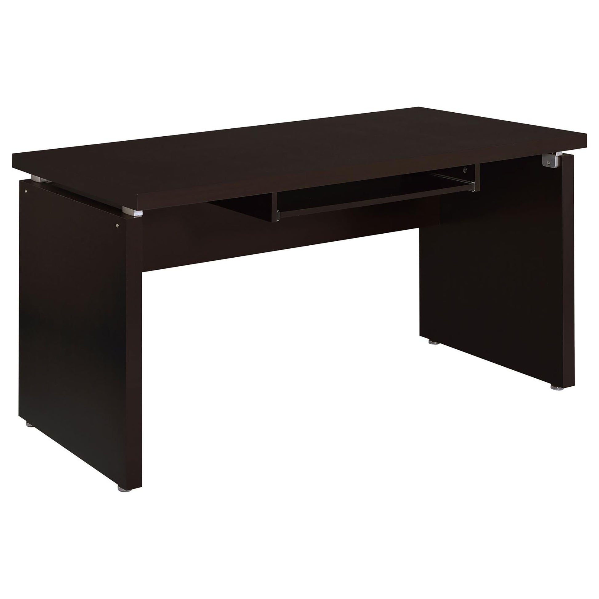 Dark espresso modern office desk with silver accents and pullout keyboard tray