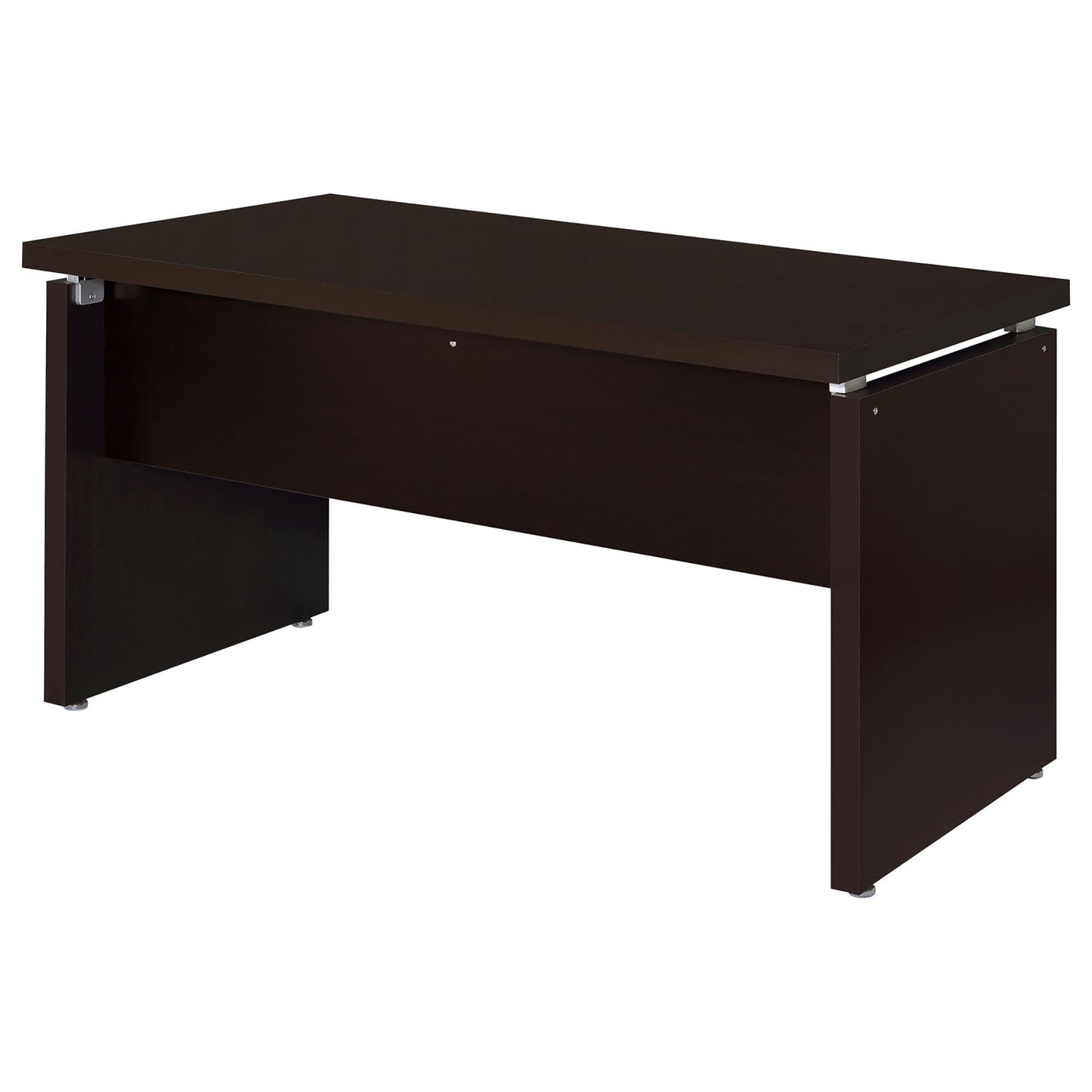 Dark brown modern executive desk with silver accents and clean lines