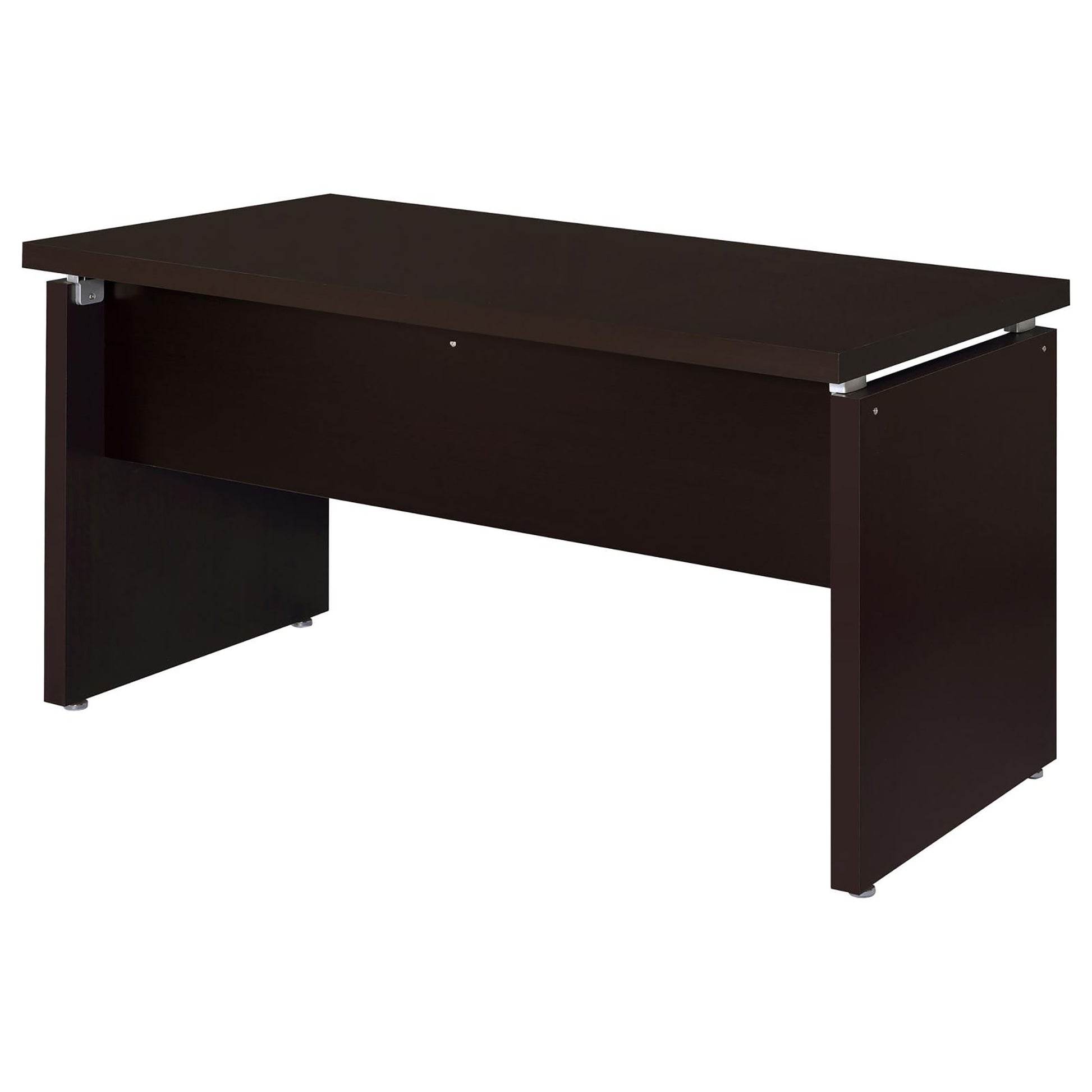 Dark brown modern executive desk with silver accents and clean lines