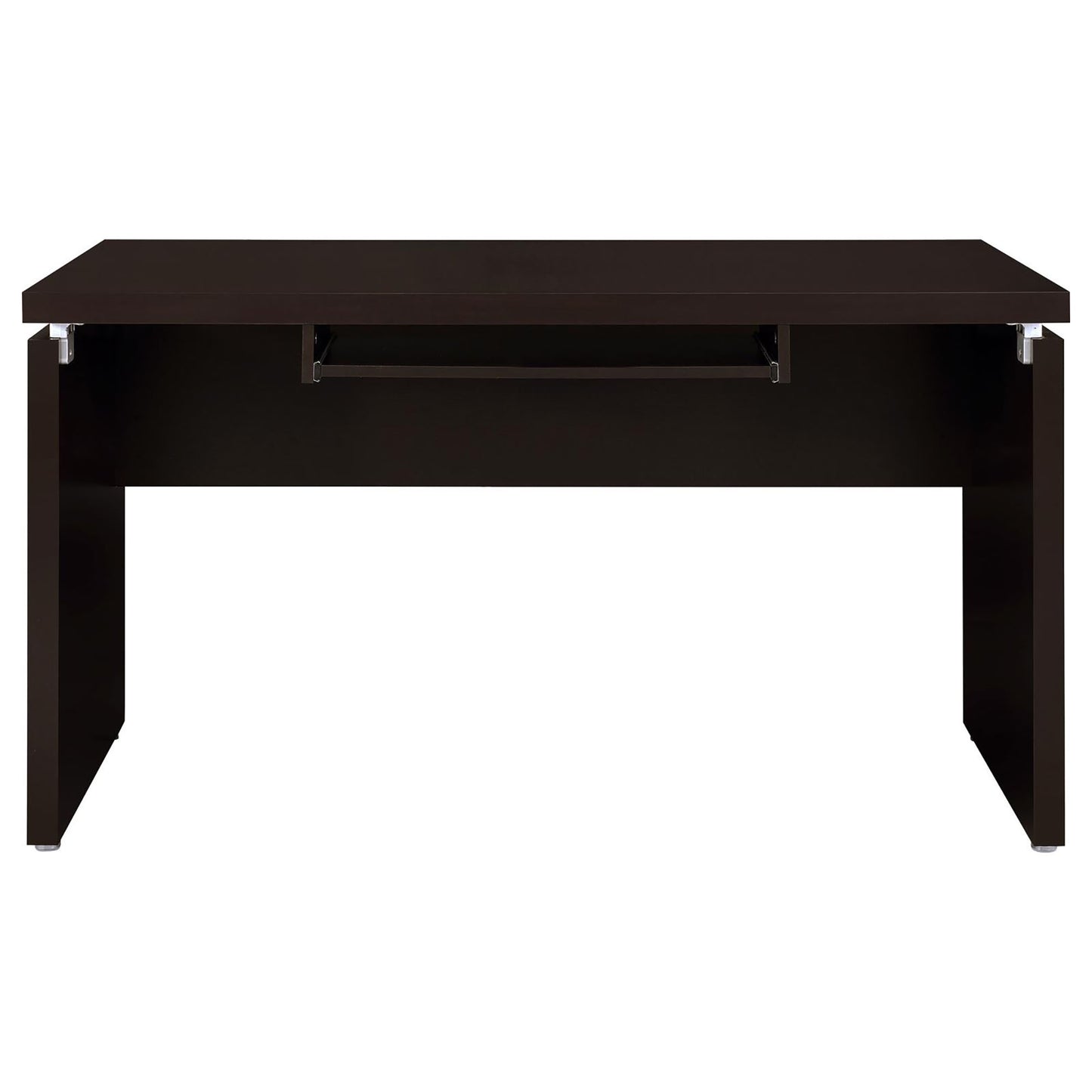 Modern dark brown computer desk with metal legs and a sliding keyboard tray