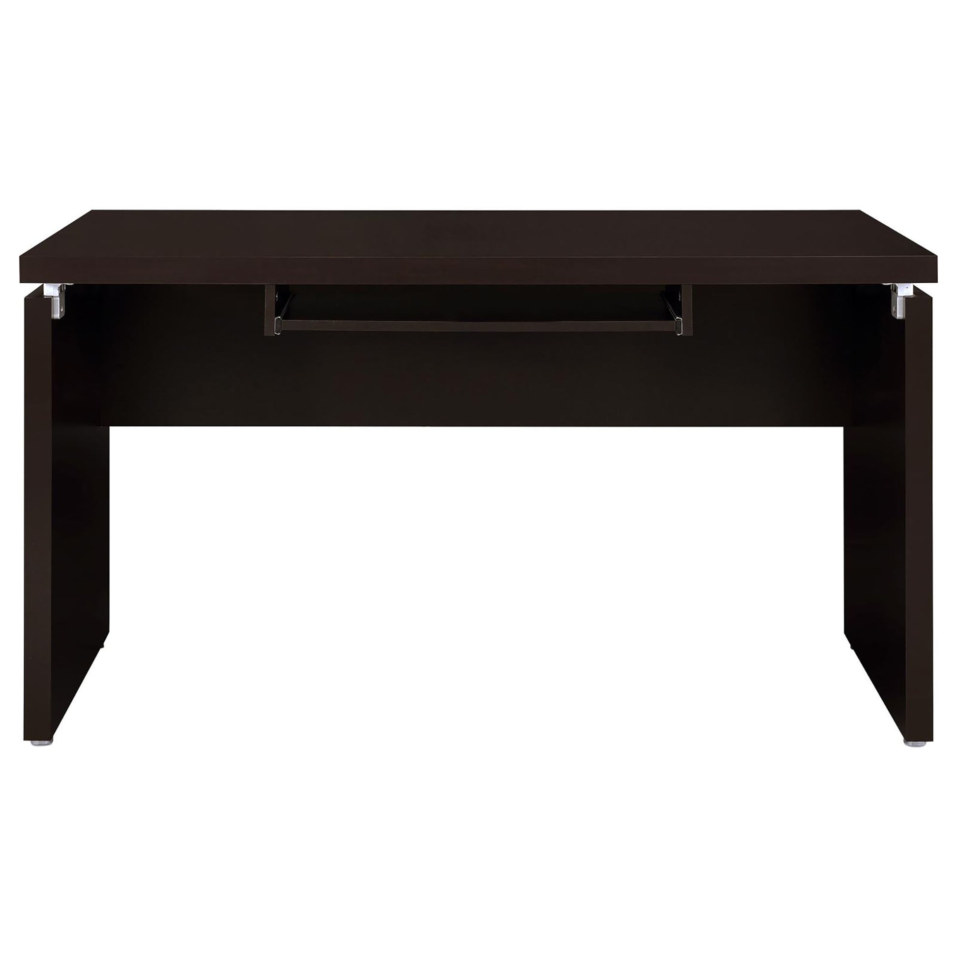 Modern dark brown computer desk with metal legs and a sliding keyboard tray