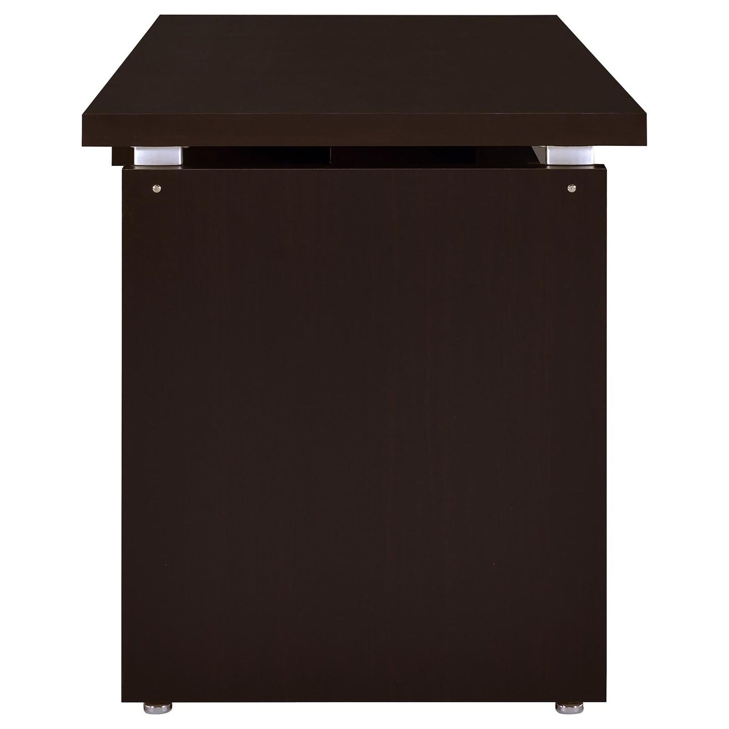 Dark brown rectangular desk with metal accents and silver feet
