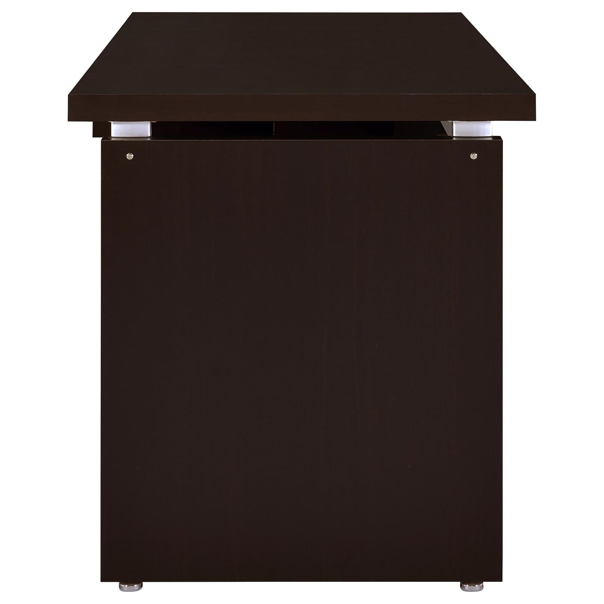 Dark brown rectangular desk with metal accents and silver feet