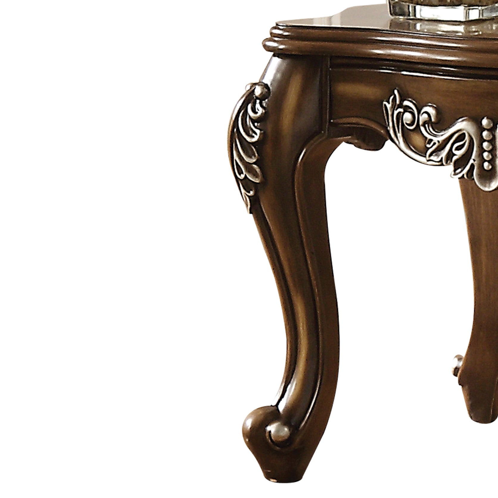 Antique mahogany side table leg with ornate silver inlay and carved detail