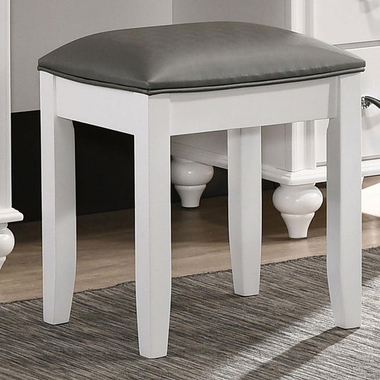 White vanity stool with padded grey faux leather seat ideal for makeup stations
