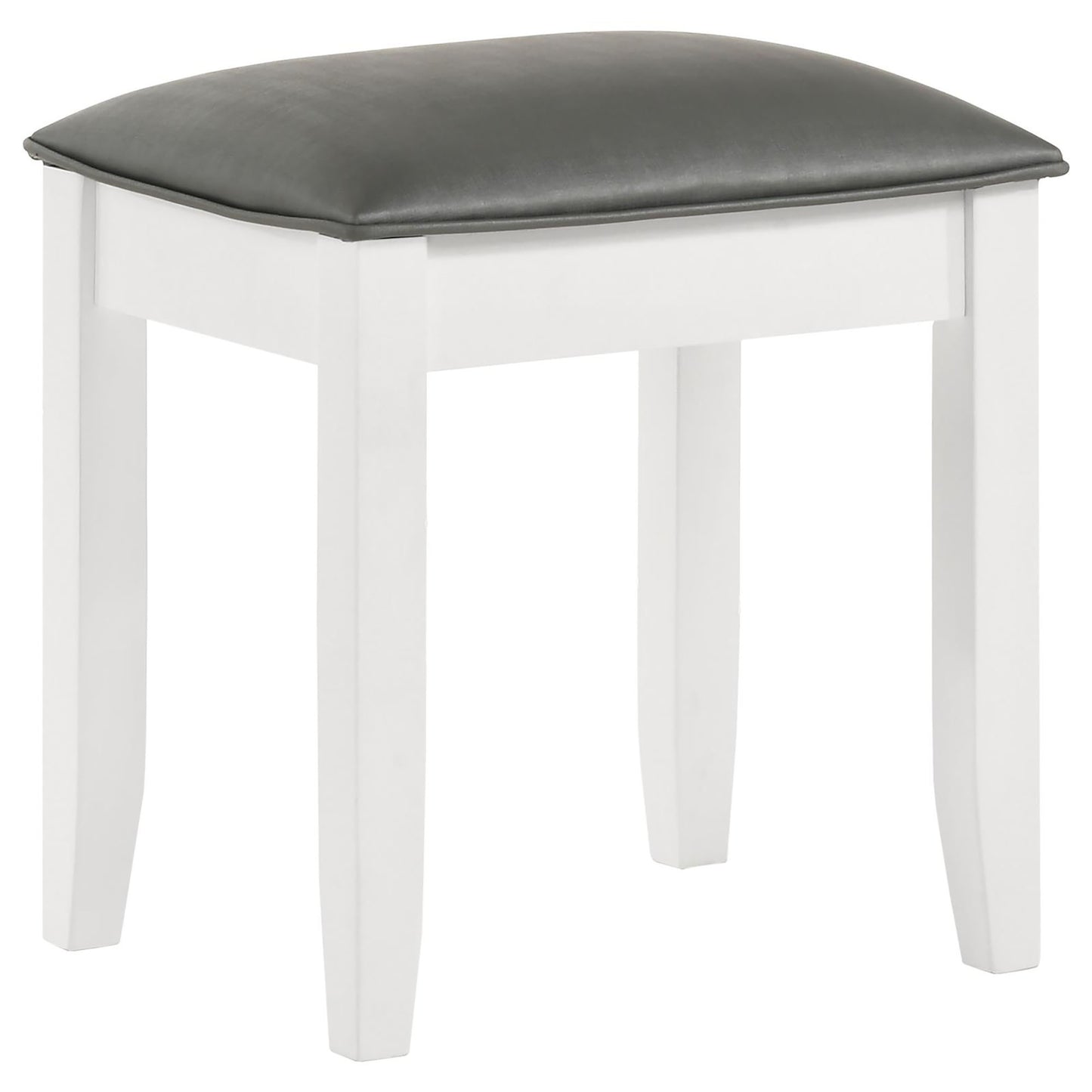 White wooden vanity stool with a plush dark gray faux leather seat for makeup application