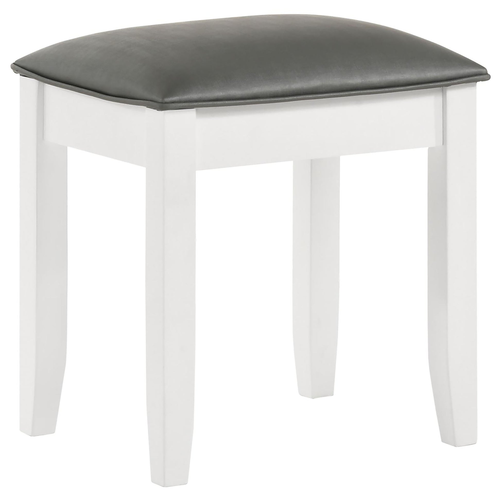 White wooden vanity stool with a plush dark gray faux leather seat for makeup application