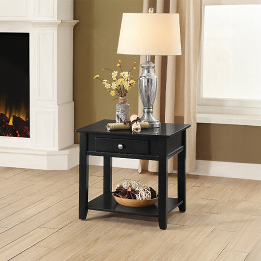 Black wooden end table with single drawer and open shelf