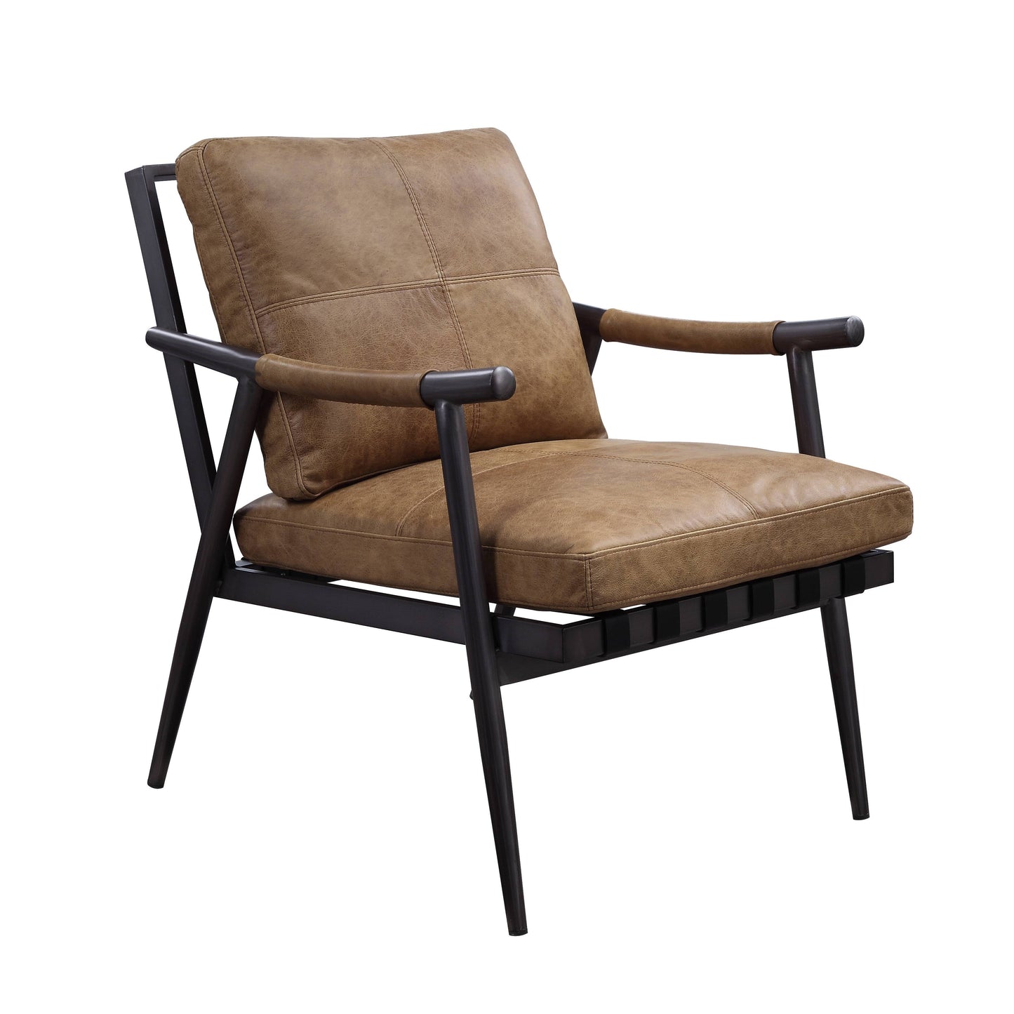 Modern brown leather accent chair with black metal frame and stitched cushions for stylish living rooms